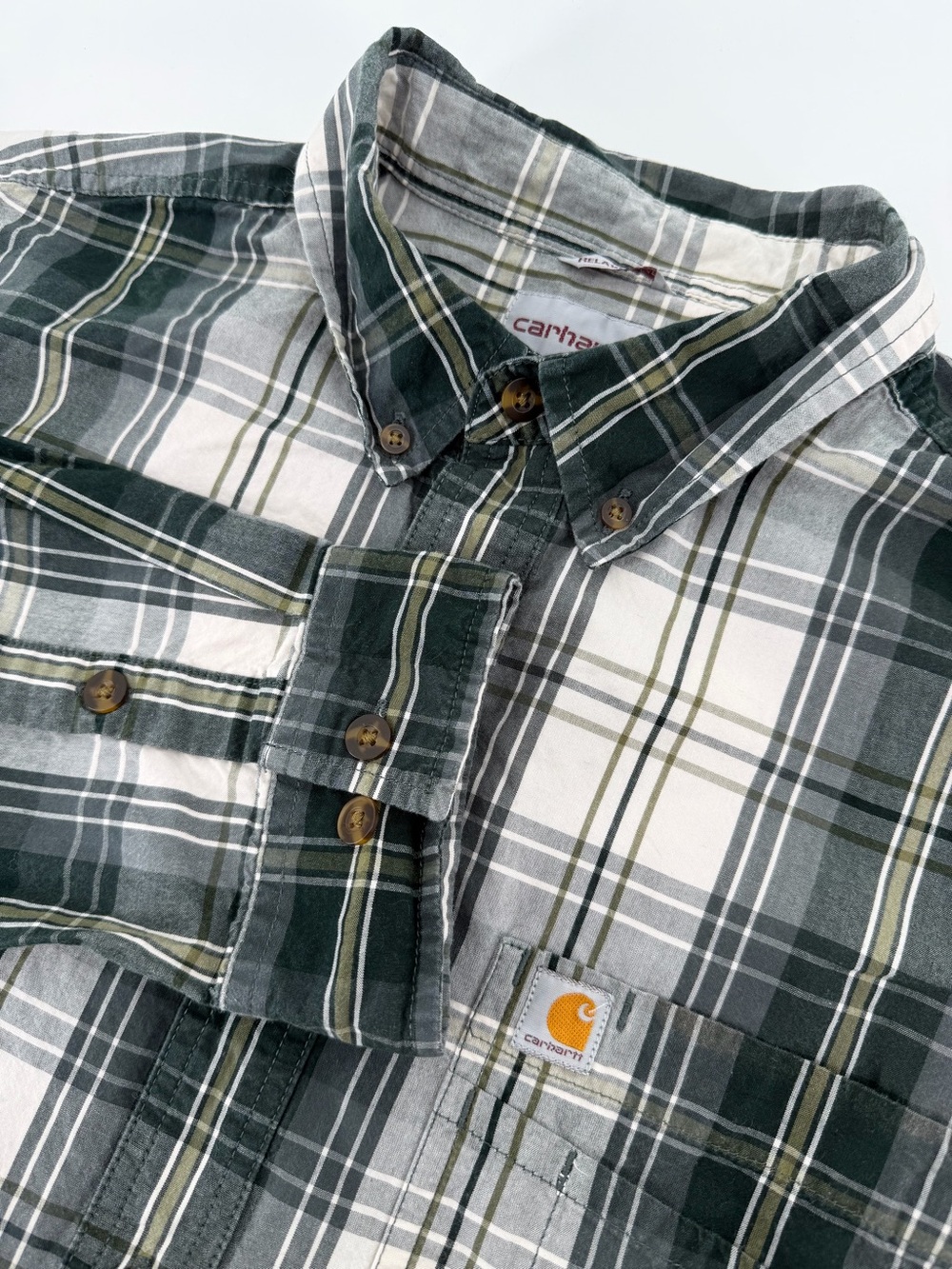 Carhartt Mens L Relaxed Fit Long Sleeve Button Front Plaid Shirt Green 103351